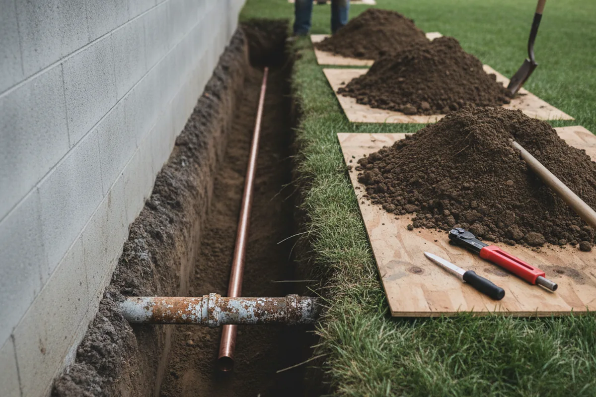 Excavated water line trench during Water Heater Repair in Hope
